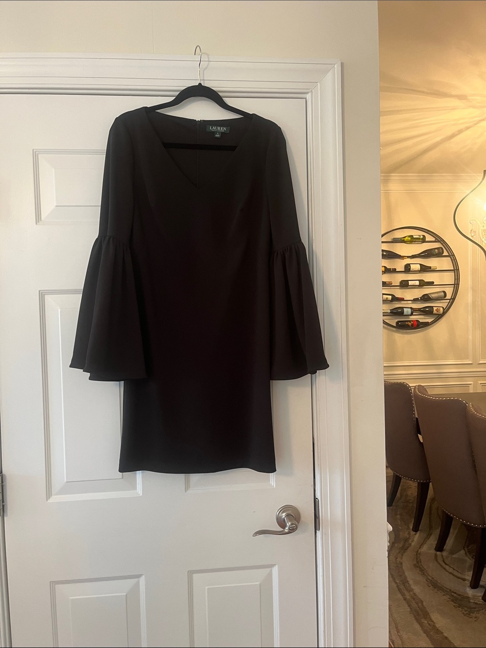 Lauren Ralph Lauren Black V-Neck Shift Dress with Bell Sleeves
